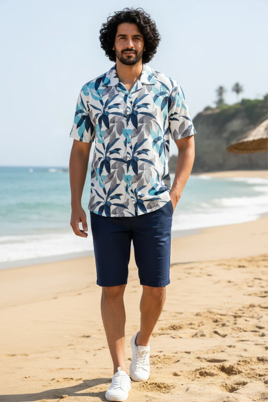 Nova White Floral Printed Corduroy Cuban Collar Half Sleeves Shirt - Image 4