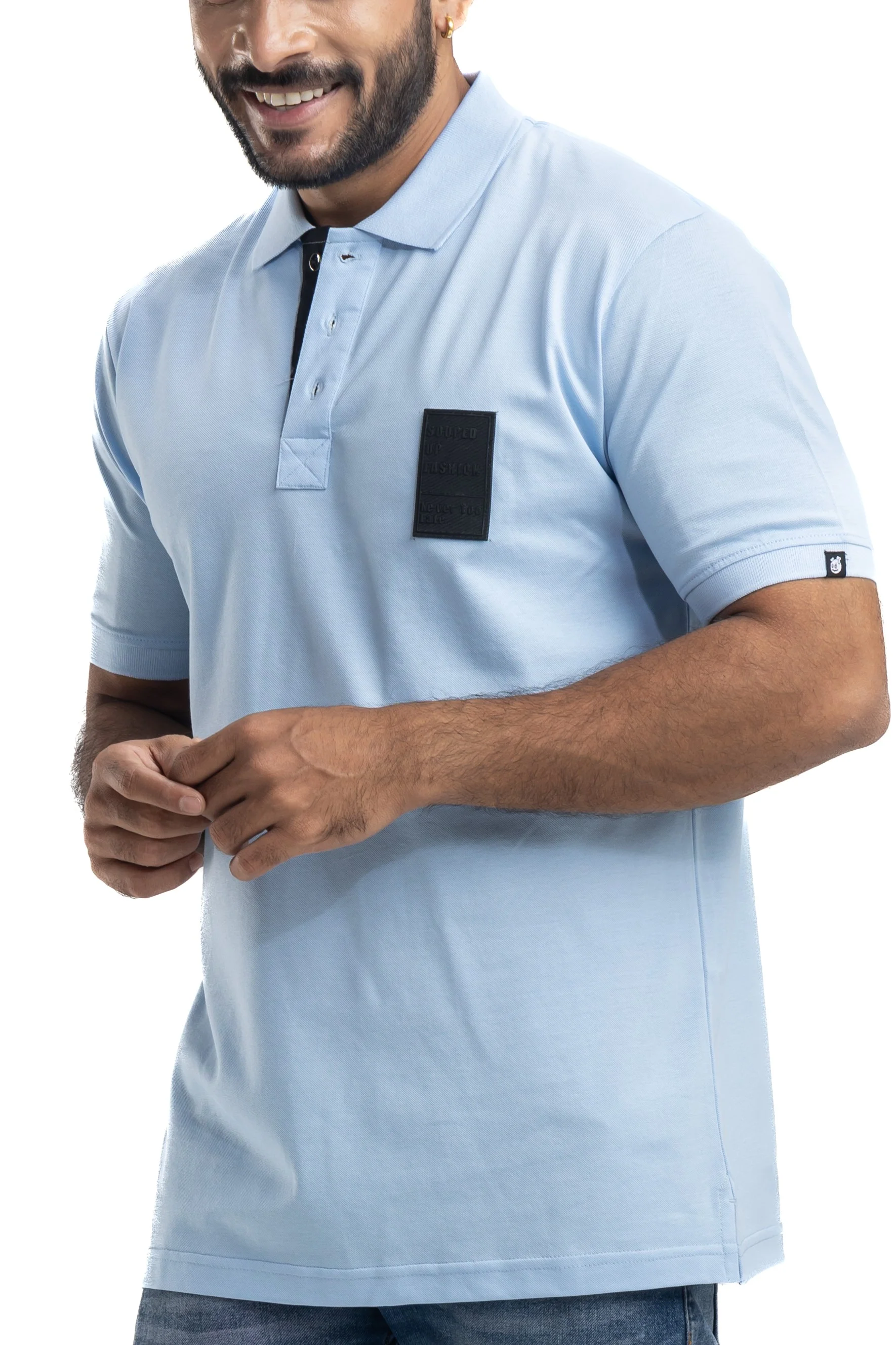 Sleek Solid Sky Blue Half Sleeves Cotton Polo T-Shirt - Image 3